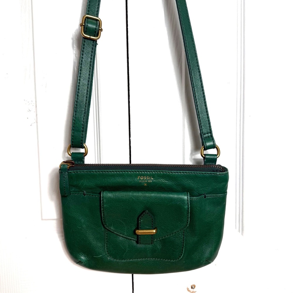 Fossil Crossbody Bag Small Green Leather Minimalist Boho Brass Hardware